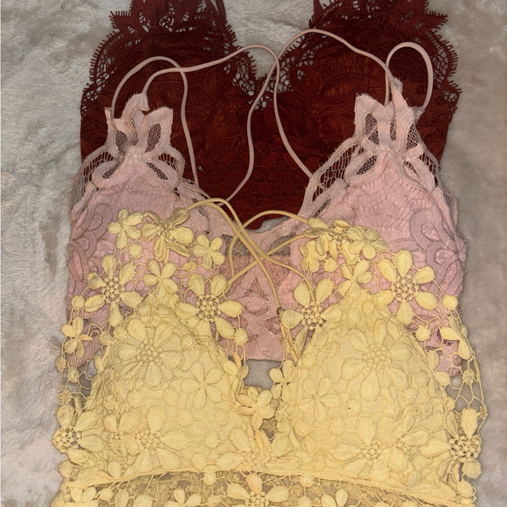 Lace Bralette Set in Yellow, Pink, and Brown